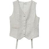 Amazhiyu Women's 100% Linen Sleeveless Button Down Crop Top Tie Back Waistcoat Vest Flax, Medium
