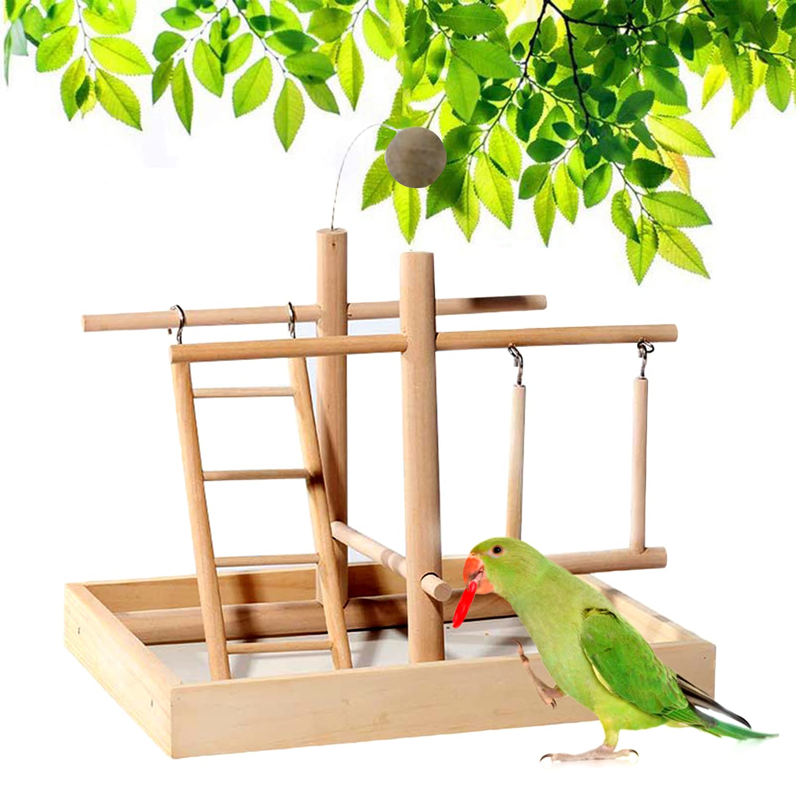 CHSEEO Budgie Perch Nature Wood Stand, Parrot Climbing Ladder Swing Chew Toy, Small Tabletop Bird Cage Play Gyms Playground for Parrots, Macaws, Love Birds, Finches, African Grey, Cockatiels, Conures