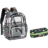 BrainyBees Clear Backpack Set for Boys, 15 Inch Heavy Duty Transparent Bookbag with Kids Pencil Case, Kindergarten to 2nd Grade School Bag, Security Approved PVC, Black Dinosaur