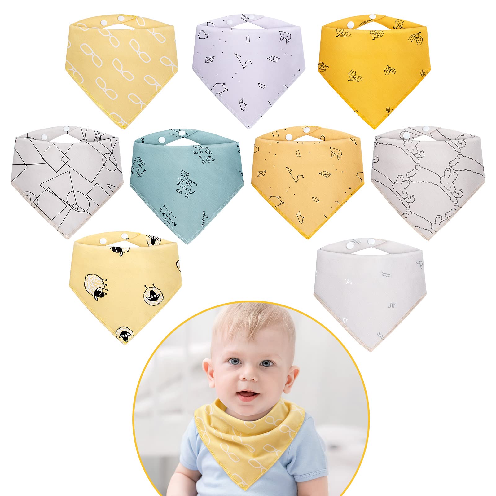 Viedouce Baby Bibs 9 packs,Dribble for Boys Girls, Drooling Teething,Cotton Bandana with Adjustable Snaps,Super Soft and Absorbent
