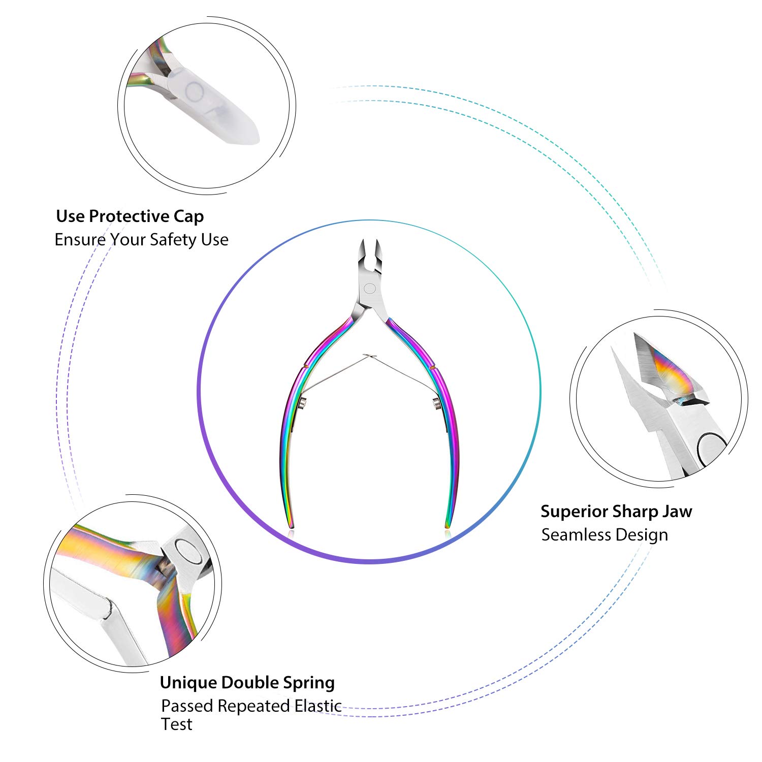 Cuticle Trimmer with Cuticle Pusher, Easkep Cuticle Remover Cuticle Nipper Professional Stainless Steel Cuticle Cutter Clipper Durable Pedicure Manicure Tools for Fingernails and Toenails (Rainbow): Beauty