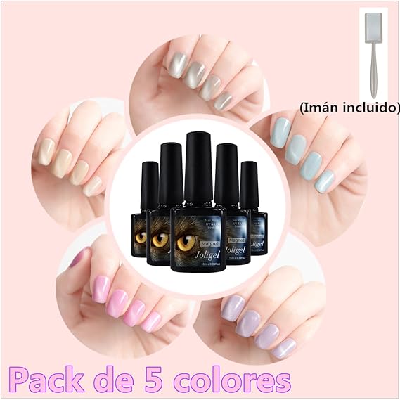 Kit Uñas Gel, 5x Esmaltes Semipermanentes Magnéticos UV LED Patrón