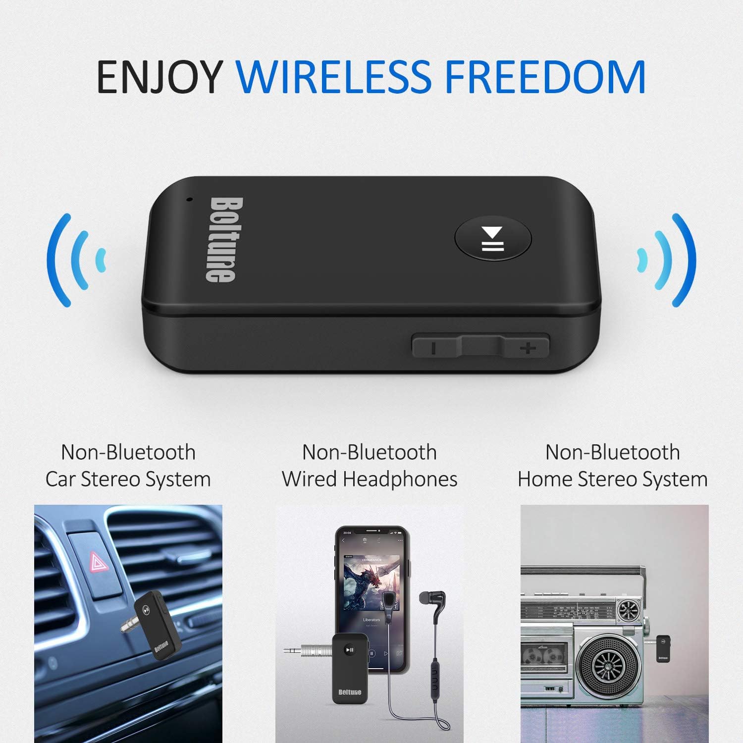 Bluetooth V5.0 aux Adapter, Boltune Audio Receiver Car Kit, for Home Hi-fi System, Portable Wireless Audio Adapter 3.5mm Aux for Music, Speaker, Headphones, Hands-Free Car Kit with Microphone: Electronics