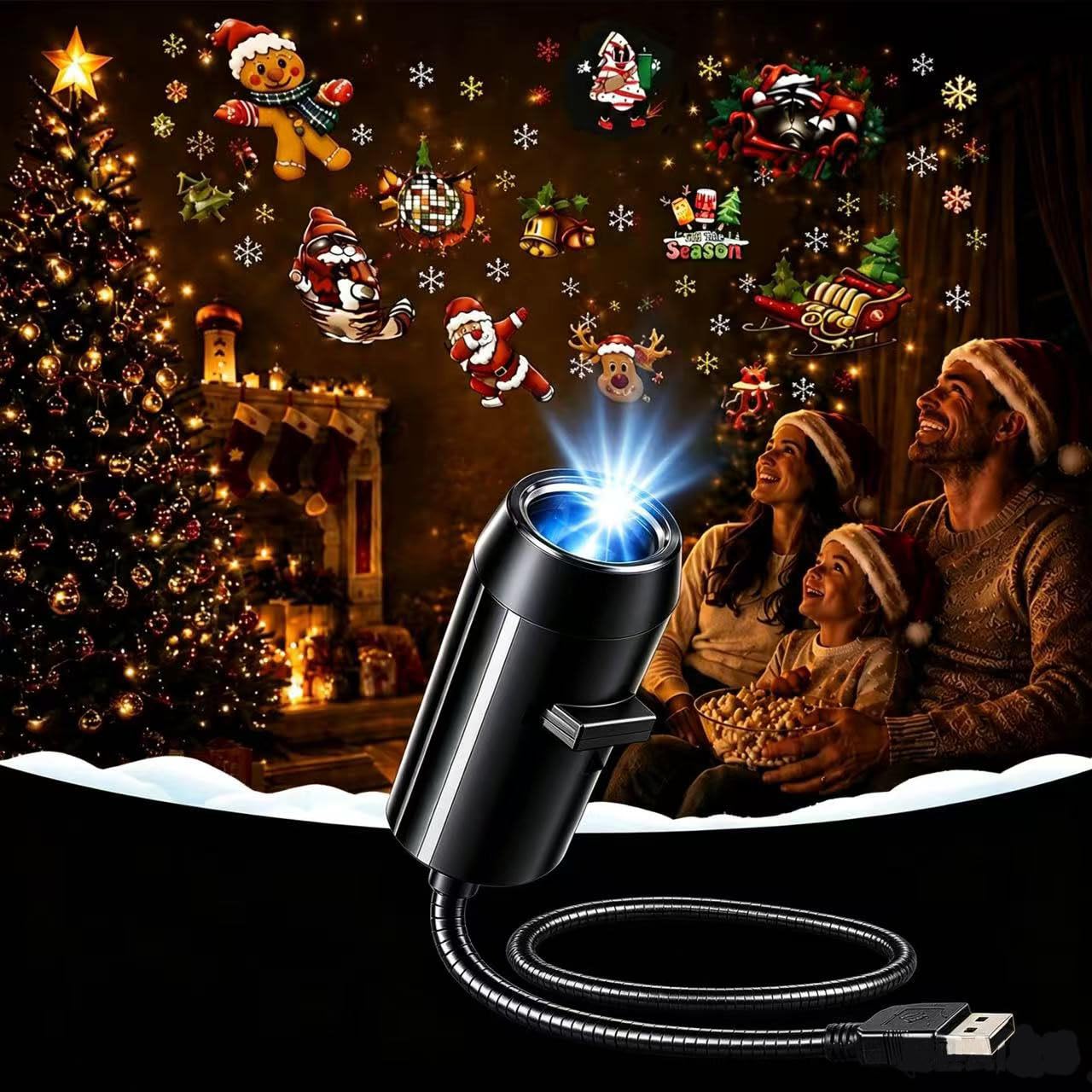 Plug and Play Hd Christmas Projector with 10 Festive Scenes, 360° Flexible Neck, 5D Holographic Night Light Projector, USB Po