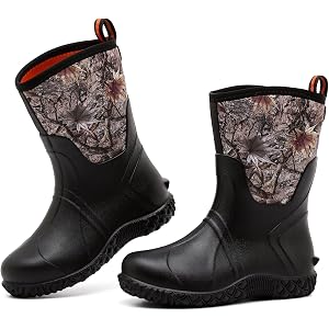 Mbqrbqia Women’s Mid Calf Rubber Rain Boots, Waterproof Insulated Neoprene Garden Mud Boots, Slip-Resistant Camo Work Boots f