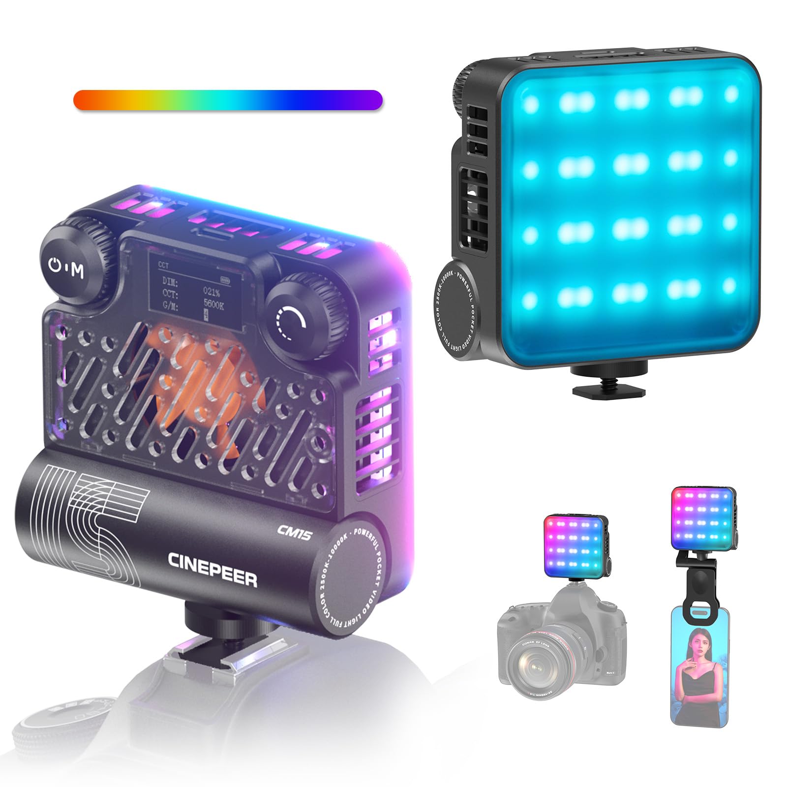 ZHIYUN CINEPEER CM15 15W RGB Video Light, Selfie Light with Clamp Phone Holder and Cold Shoe, Led Video Light with 18 Light Effects, 2600mAh CRI 94+ TLCI 96+ 2500K-10000K for Vlogging, Selfie,TT