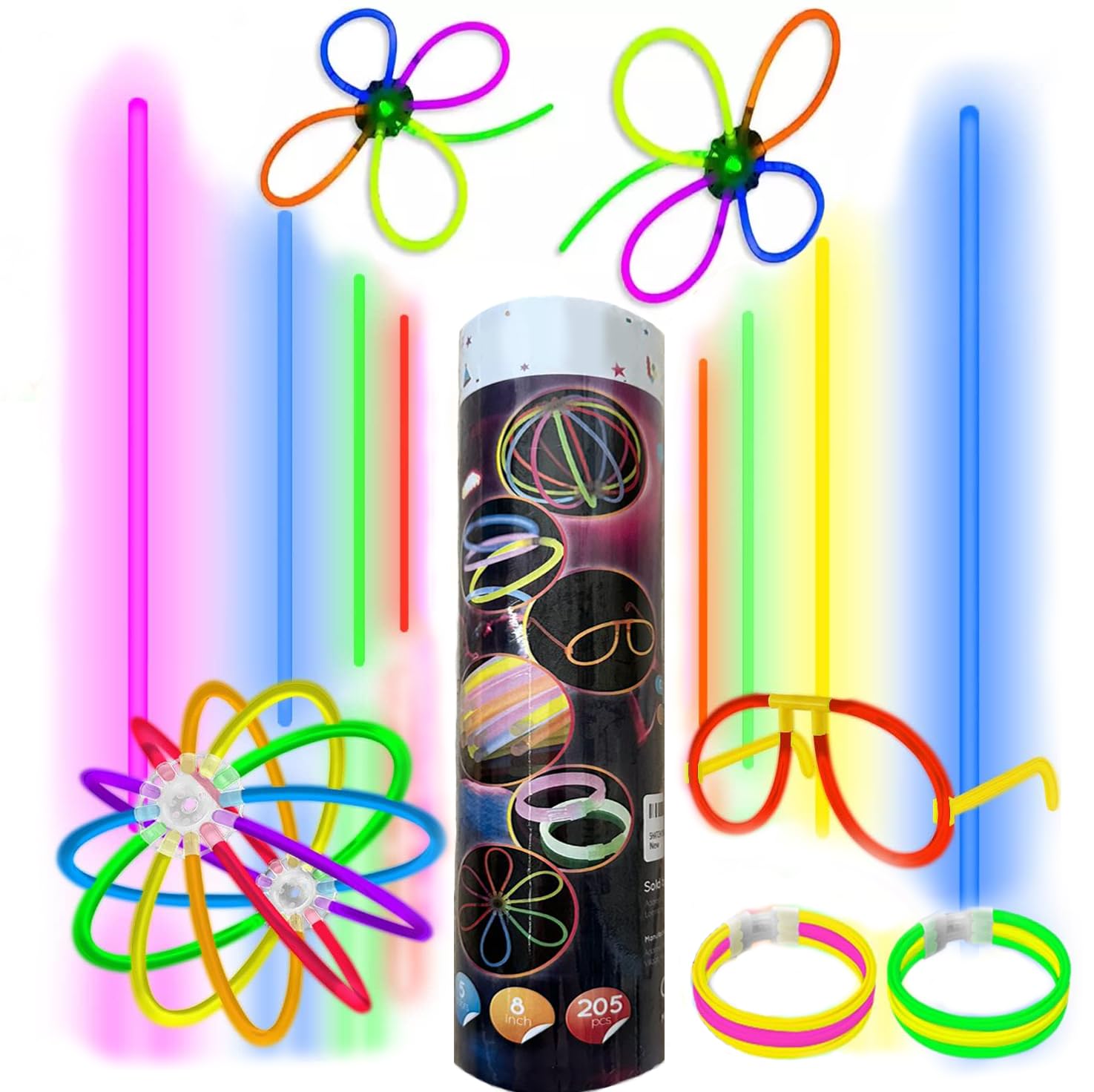 100Pcs Glow Sticks Fun Party Pack - 204Pcs Glowin Dark Sticks, Connectors for Bracelets and Necklaces Balls Flowers Rave Party Accessories Halloween Party Bag Fillers Disco Props