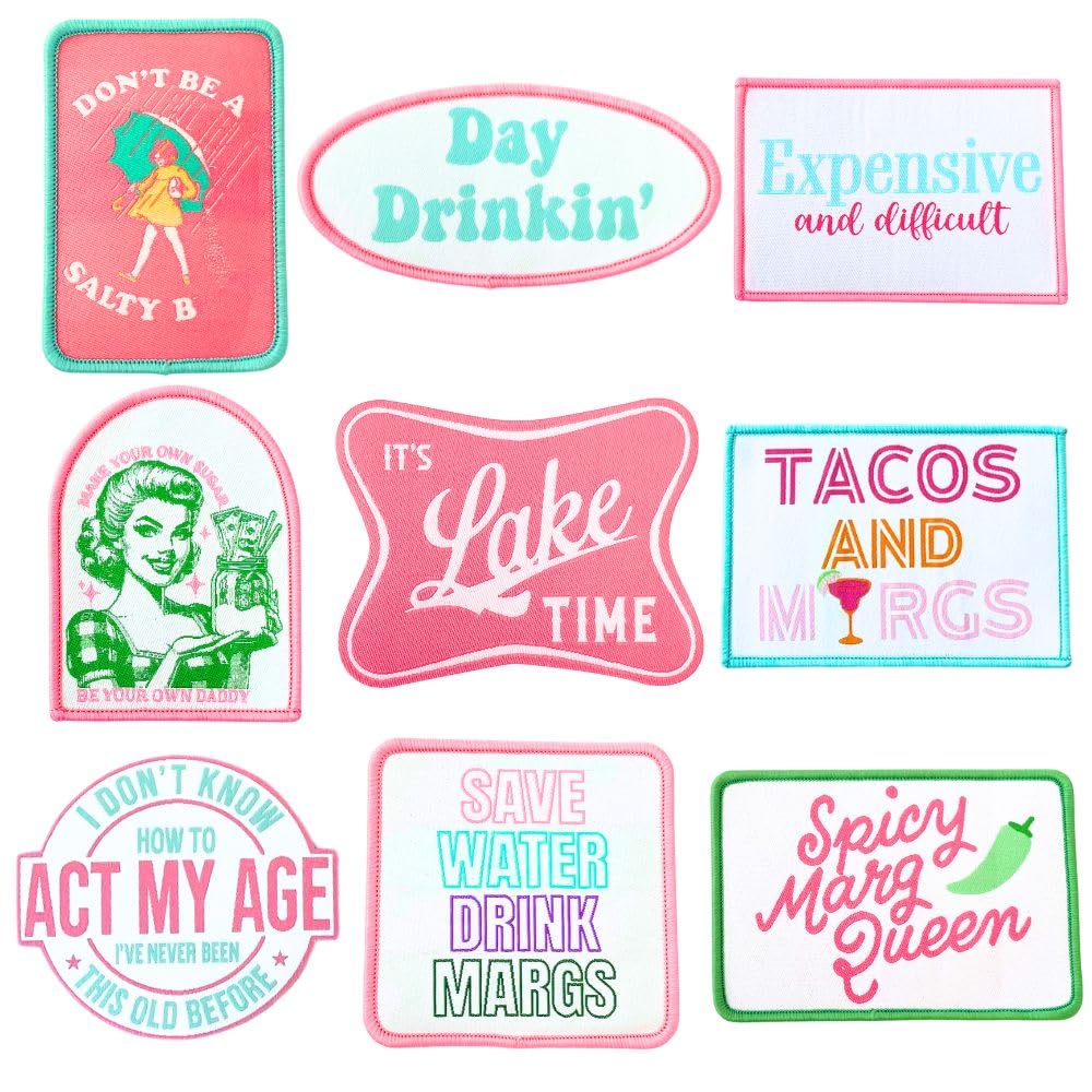 Photo 1 of 9PC Funny Embroidered Trucker Hat Patches Iron on | Fun Bar Vintage Heat Press Hats Patch for Women Lake Tacos Drink Margs Day Drinking Don’t Be Salty Expensive Difficult Bulk DIY Accessories