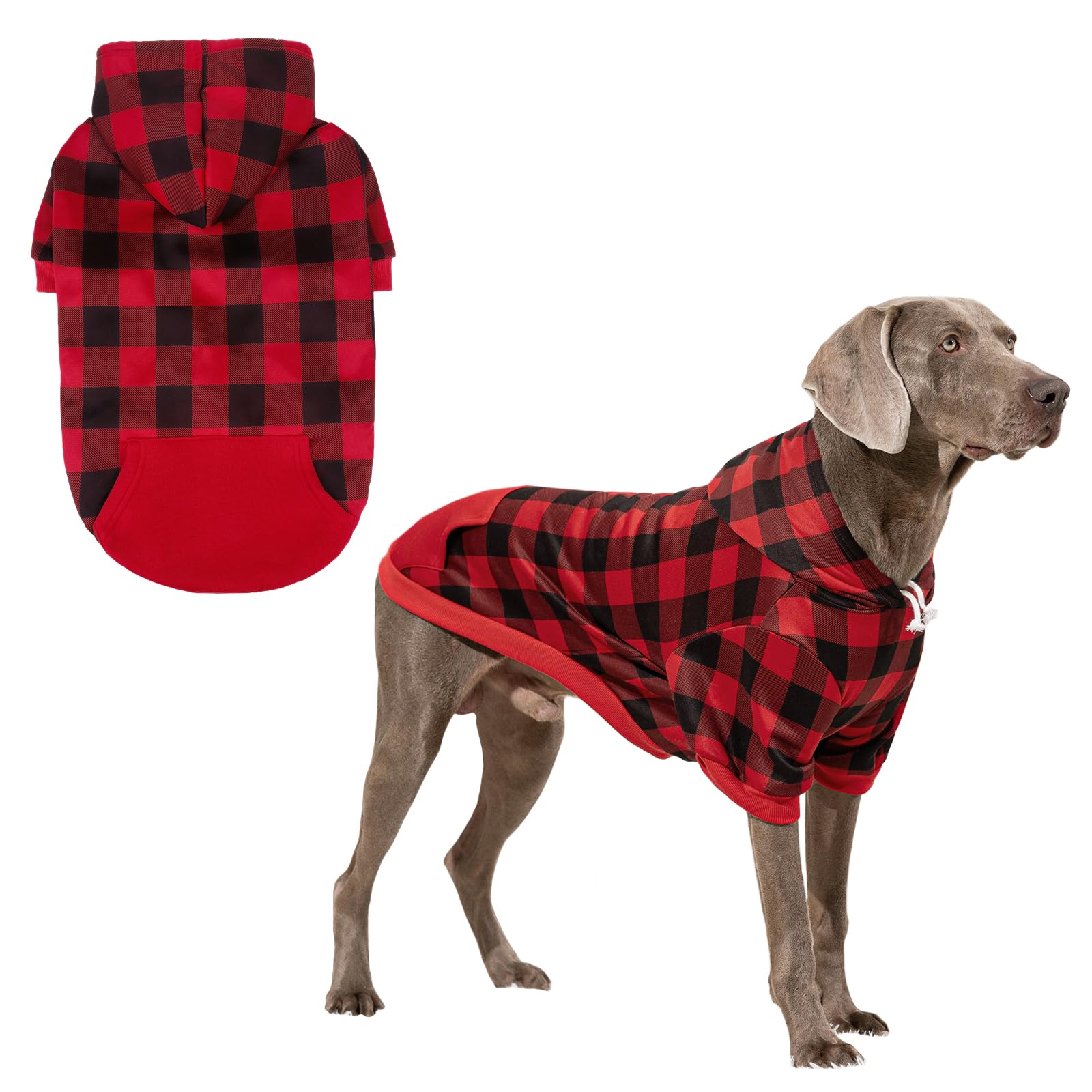KOOLTAIL Plaid Dog Hoodie Pet Jumper with Hat and Pocket for Small Medium Large Size Dogs, Fleece Dog Hooded Sweatshirt Clothes, Soft Winter Warm Dog Cold Weather Coat for Puppy Cats, Red XL