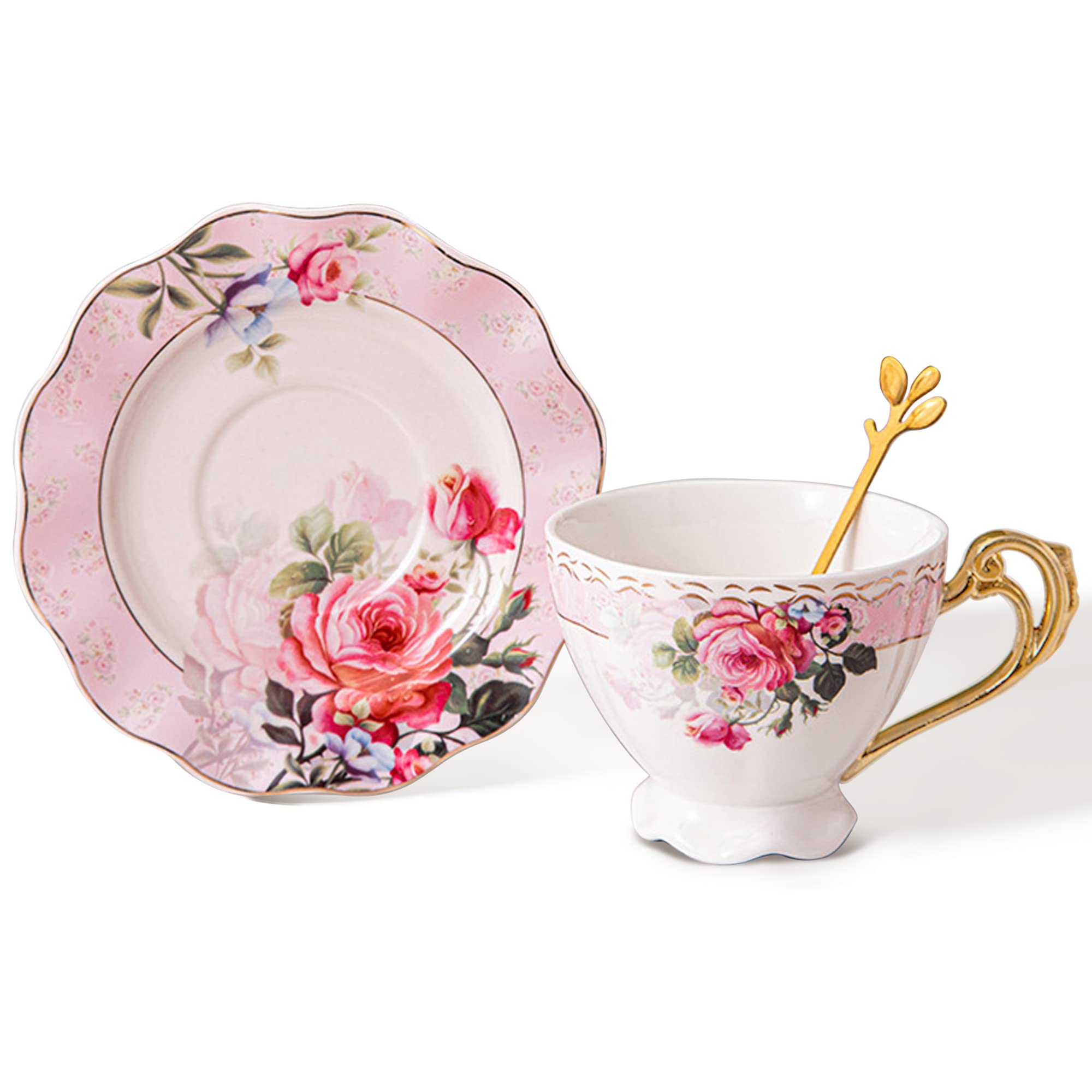 fanquare Pink Ceramic Tea Cup with Saucer, Coffee Cup with Big Handle, Floral Tea Cup and Saucer Set with Wavy Edge