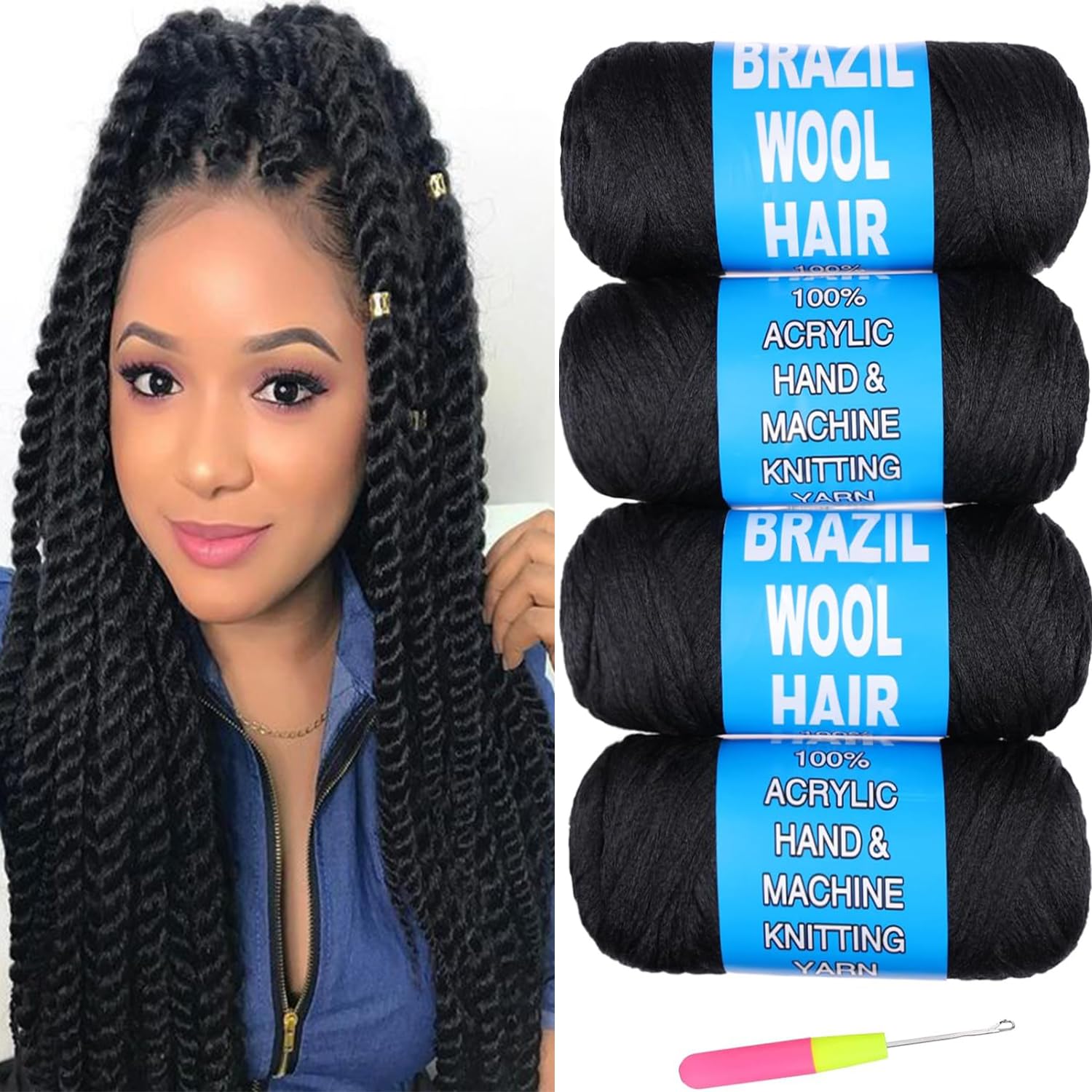 Mscat Natural Black Brazilian Wool Hair Yarn for Crochet Braiding, Twist Warps, Senegalese Twisting, Jumbo Braids, Faux Locs, Box Braids - 4 Rolls, 70G/Roll (1B#) — image 1
