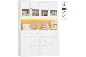 FINETONES 71" Pantry Cabinet with LED Light and Charging Station, Farmhouse Kitchen Pantry Cabinet with Microwave Stand, 47.2" Wide Kitchen Hutch Food Pantry with Open Countertop, White
