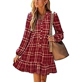 CUPSHE Women Fall Dresses Plaid Ruffle Hem V Neck Long Sleeve Button Holiday Tunic Mini Dress