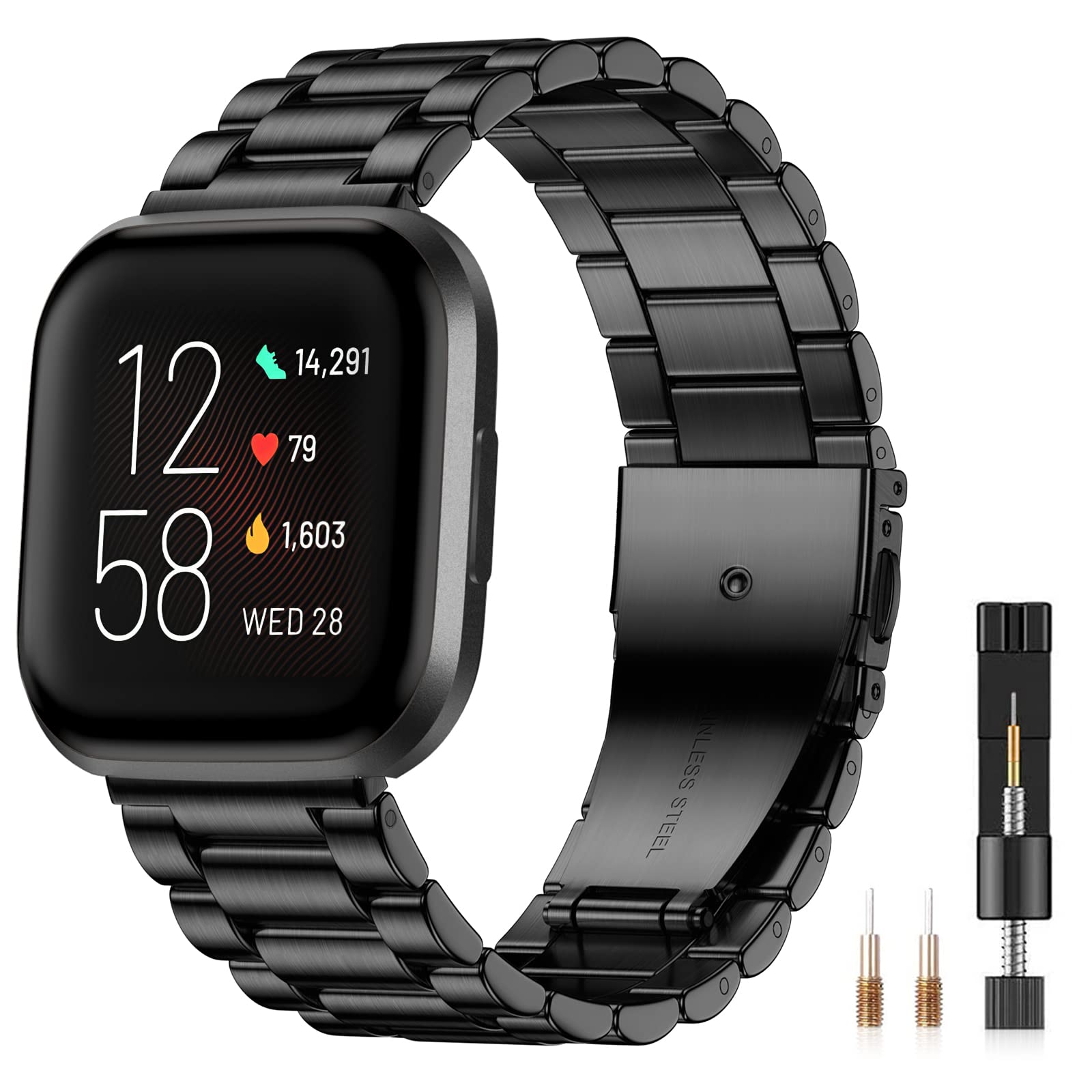 CeMiKa Metal Bracelet Compatible With Fitbit Versa 2 and Lite, Adjustable Stainless Steel With Double Deployment Clasp, Black