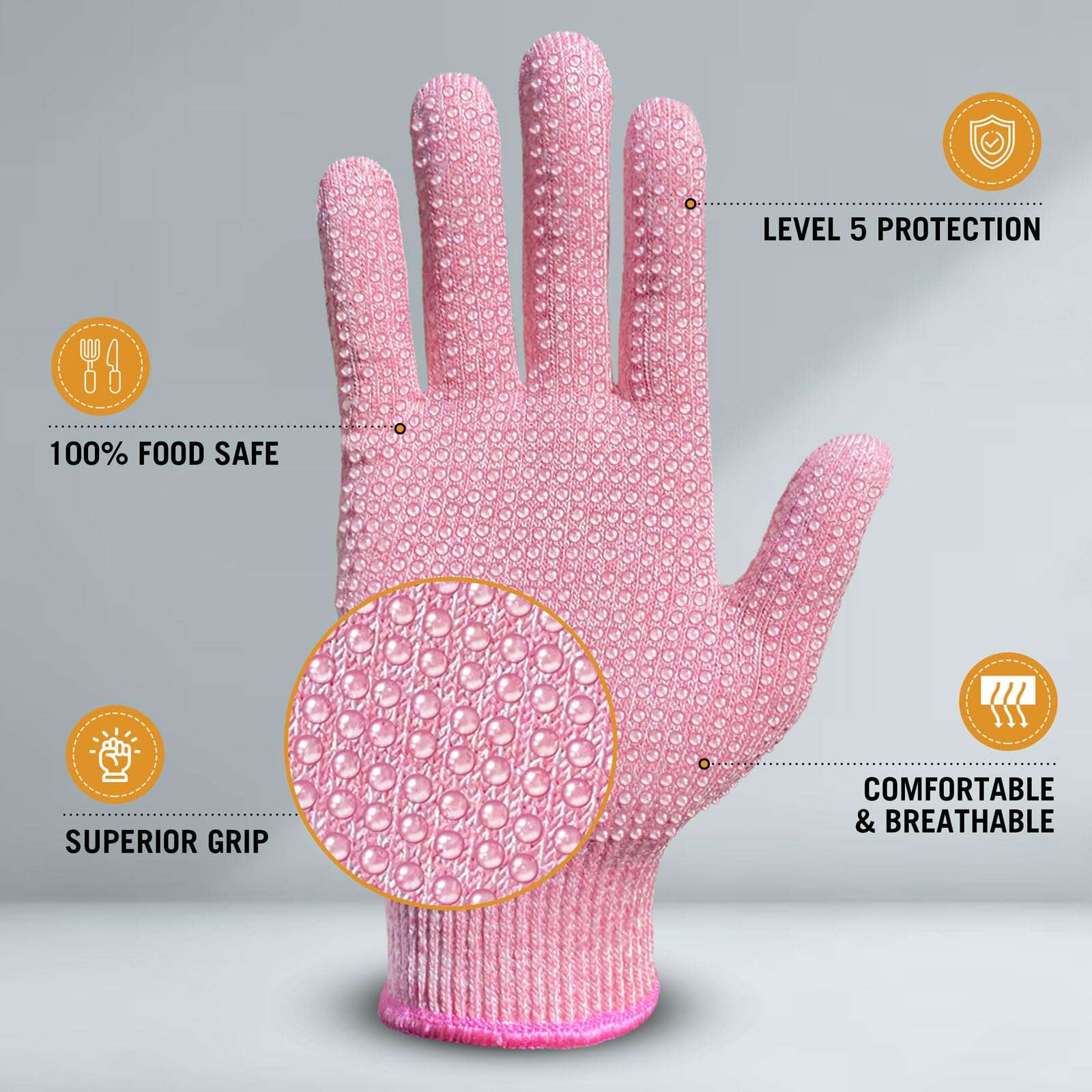 Evridwear Cutting Gloves Level 5 Cut Resistant, Food Safe Gloves with Non-Slip Grip for Kitchen, Meat Cutting & Mandoline Use, 2 Pairs (M, Pink+Gray)
