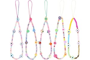 Nivofu 5PCS Beaded Phone Charm, Colorful Phone Lanyard Phone Strap, Cute Phone Chain Wrist Strap for Phone Case, Evil Eye Flo