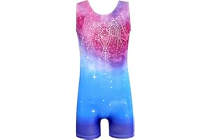 EQSJIU Girls Color Gradient Gymnastic Diamond Ballet Dance Outfit Leotard Biketard with Shorts for Traning Exercise Gym Class