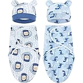 Cinaci 2 Pack Adjustable Soft Cotton Blend Newborn Baby Receiving Swaddle Blankets Sleep Sacks with Nursery Hats Caps Beanies Bonnets for Baby Girls Boys Newborns Infants