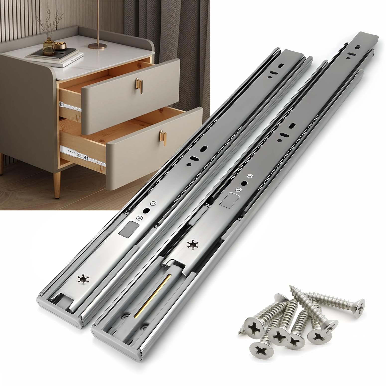 OBELON Soft Close Drawer Runners 550mm, Stainless Steel Heavy Duty Drawer Slides, 45kg Load Capacity, Full Extension Ball Bearing Runners, Side Mount for Kitchen Cabinet Furniture, Silver, 1 Pair