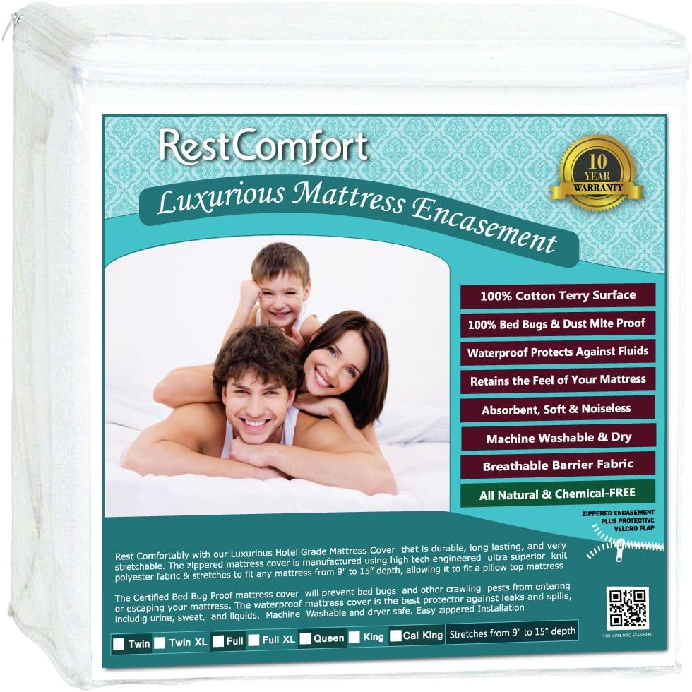 RestComfort Zippered Mattress Protector and Encasement - Dust Mite and Bed Bug Proof with Cotton Terry Top - Hypoallergenic and Water Resistant (California King, Stretches 9”- 15 Depth)