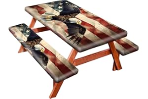YEYE JUICE Park Picnic Table Cover with Bench Covers Lightweight Camping Essentials, Oil-Proof Waterproof 3PCS Tablecloth with Elastic, Fitted for Table 6FT Rectangle and Seats, American Flag Eagle (72x30in)