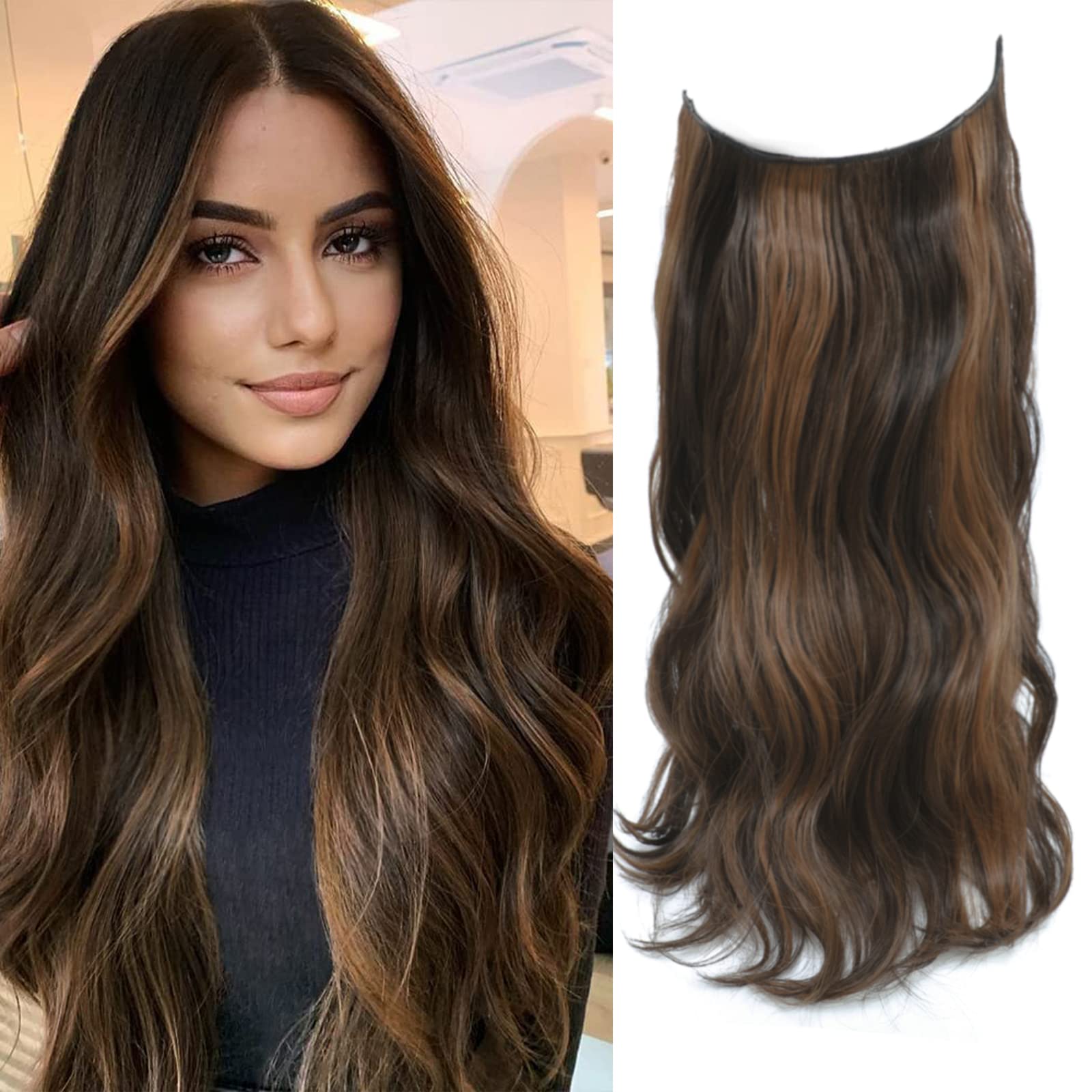 Invisible Hair Extensions 20 inch Wavy Hair Extension Synthetic Hair Pieces for Women Transparent Invisible Secret Wire Hair Extensions (Dark Brown with Auburn Brown Highlights) — image 1