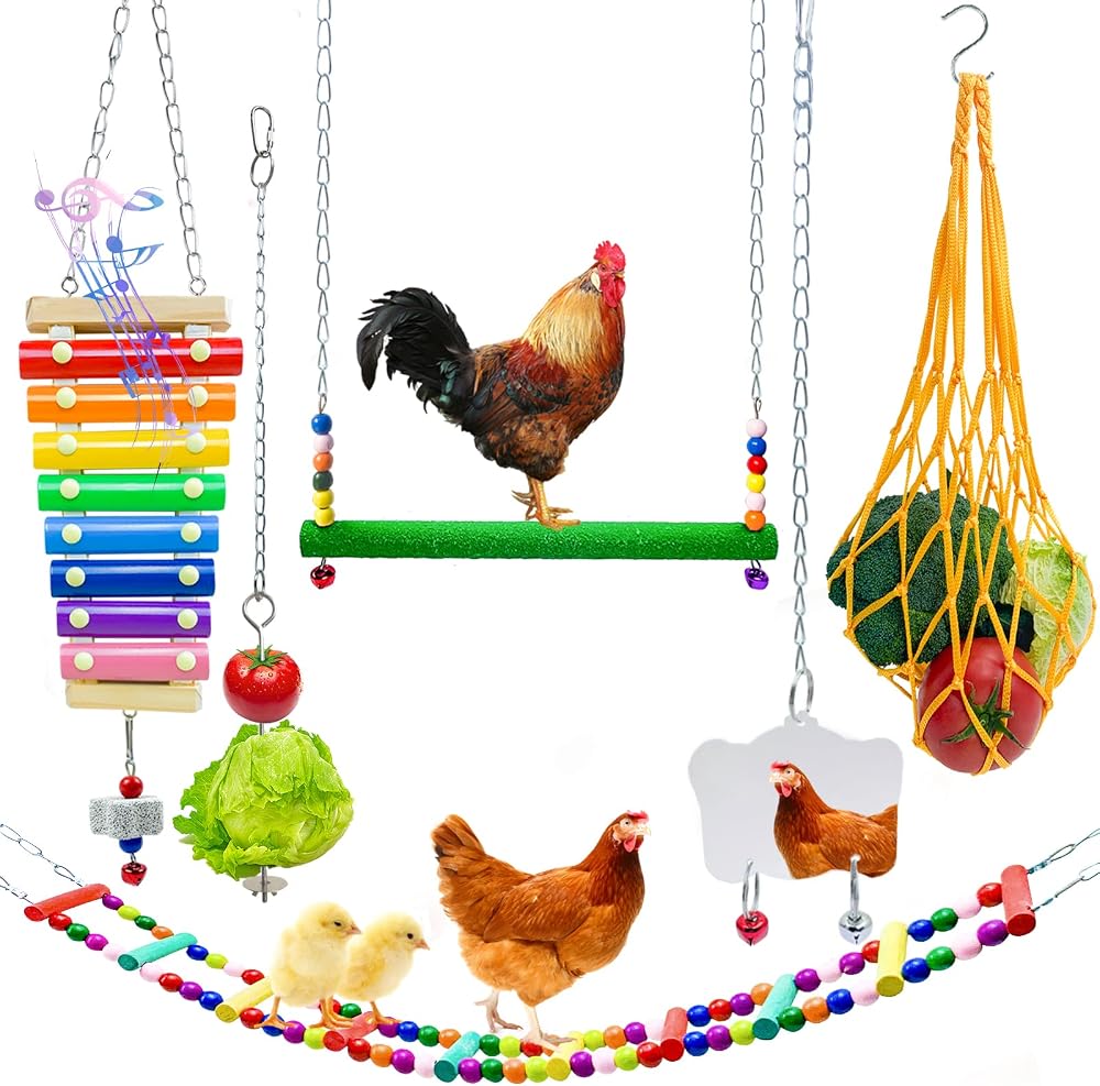 XMPEKO Chicken Coop Toys 6PCS Xylophone Swing Ladder Skewer Feeder Mirror Wood
