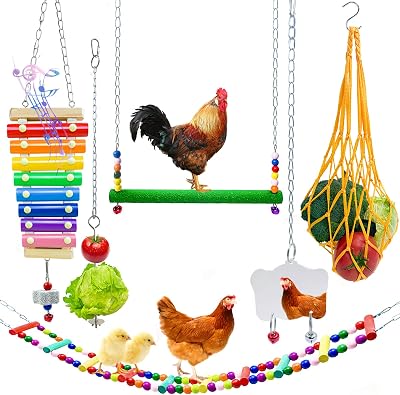 XMPEKO Chicken Coop Toys 6PCS Xylophone Swing Ladder Skewer Feeder Mirror Wood