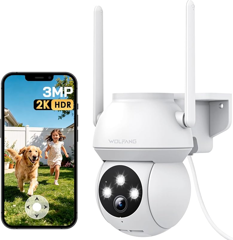 Câmara de segurança exterior 2K 3MP, câmara WiFi PTZ de 360°, visão noturna a cores, deteção por IA, alarme de som e luz, resistência ao tempo IP65, funciona com Alexa e Google