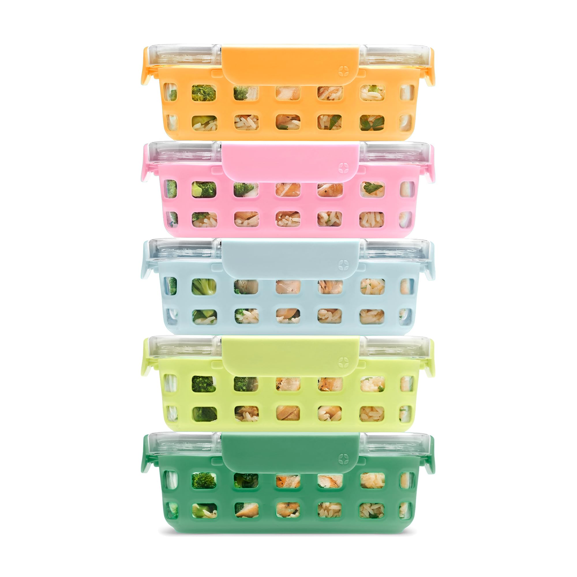 Ello Duraglass 3.4 Cup Meal Prep Sets 10Pc, 5 Pack Set- Glass Food Storage Container with Silicone Sleeve and Airtight BPA-Free Plastic Lids, Dishwasher, Microwave, and Freezer Safe, Meadow Image