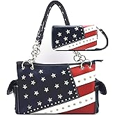 American Flag USA Stars and Stripes Patriotic Leather Purse Women Rhinestone Country Handbag Wallet Set Red White and Blue