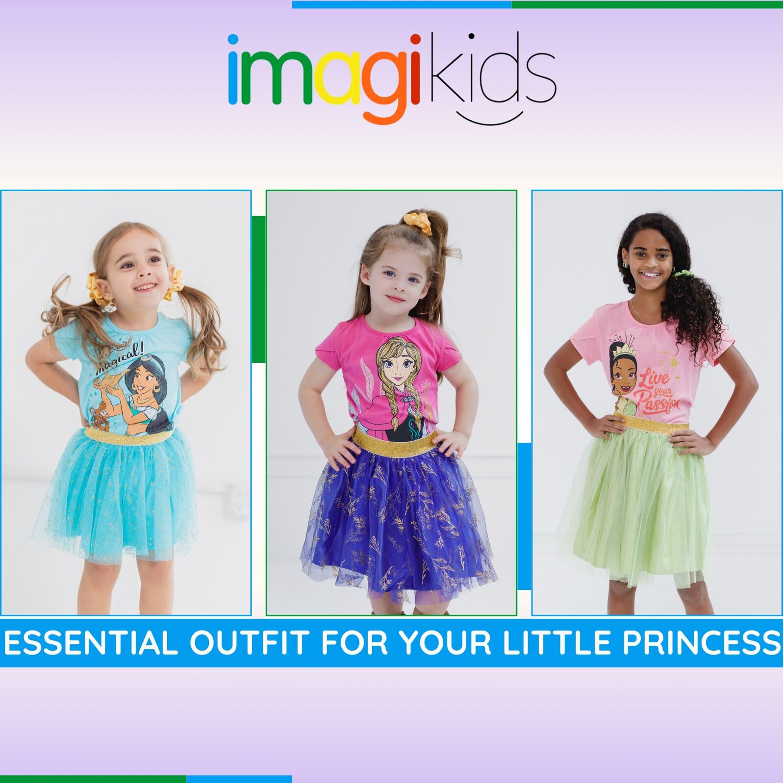 Disney Princess Moana Frozen Girls T-Shirt Tulle Mesh Skirt and Scrunchie 3 Piece Outfit Set Toddler to Big Kid
