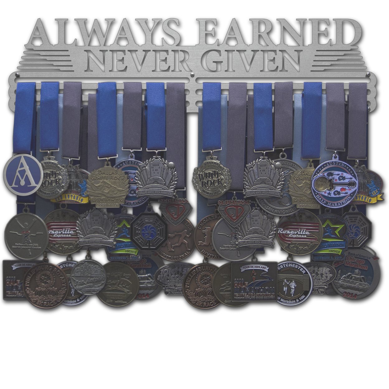 Allied Medal Hangers - Always Earned Never Given (compact) - Multiple Medal Holder Display Rack (12" wide with 3 hang bars)