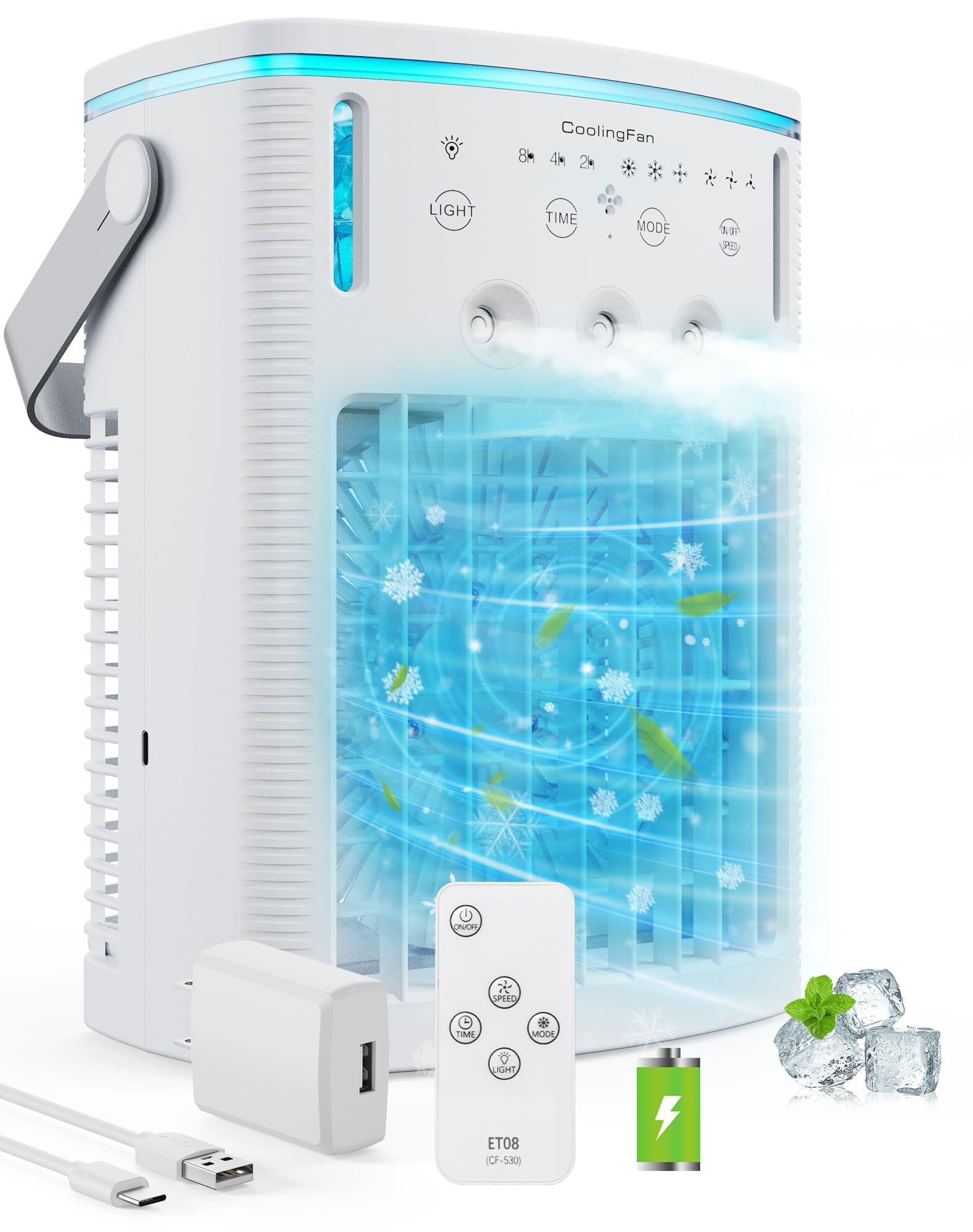 Photo 1 of Yestono Portable Air Conditioners Rechargeable,5000mAh 3-Speed Small AC Fan,Portable Air Cooler with Remote,Timer function,7-Color Night light,3-Level Mist modes,Personal AC for Office,Camping.