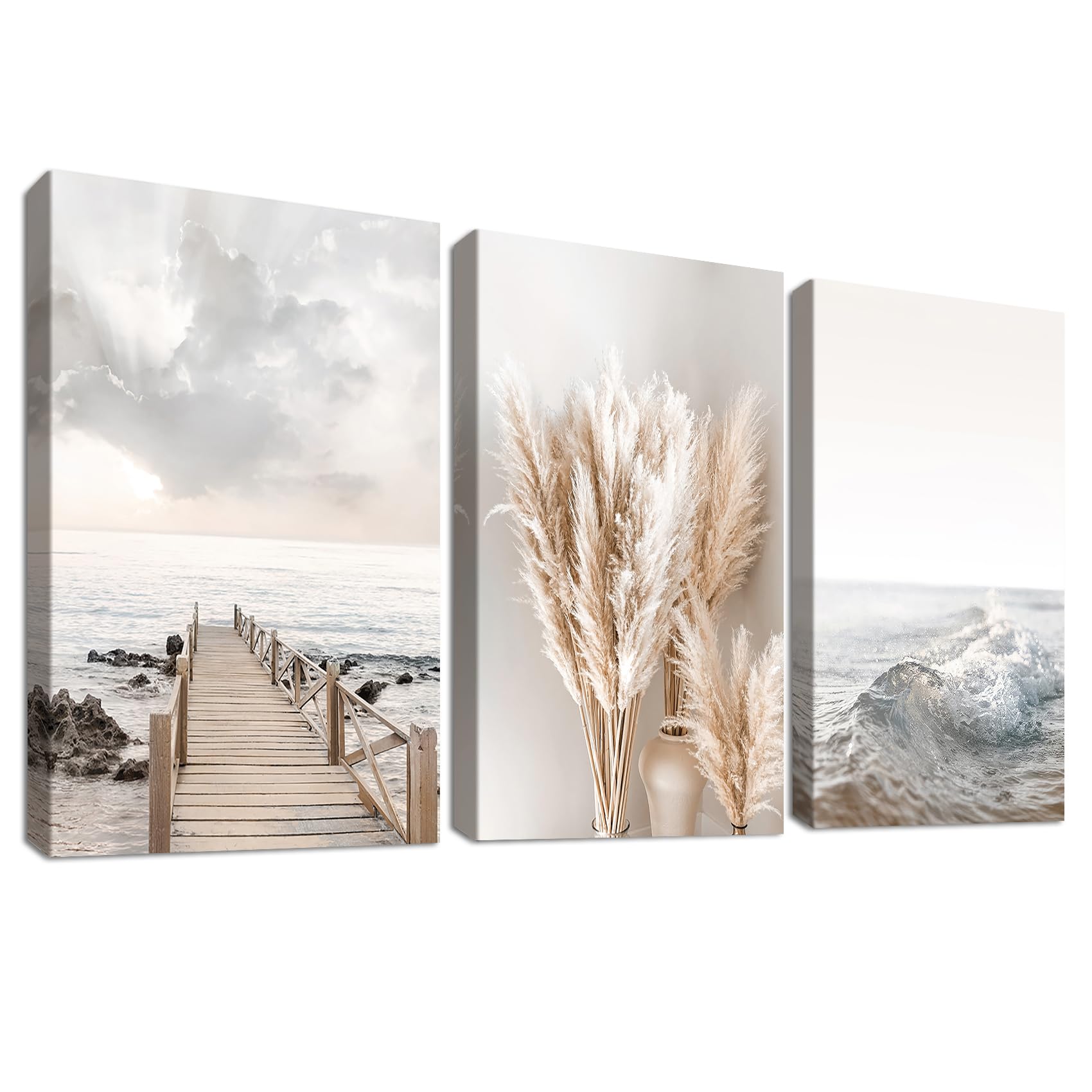 3 Pcs Wooden Framed Canvas Wall Art Set Coastal Beach Ocean Seascape Canvas Prints Nordic Beige Pampas Grass Pictures for Living Room Bedroom Kitchen Hallway Stairs Wall Decor 40x60cm x3pcs — image 1
