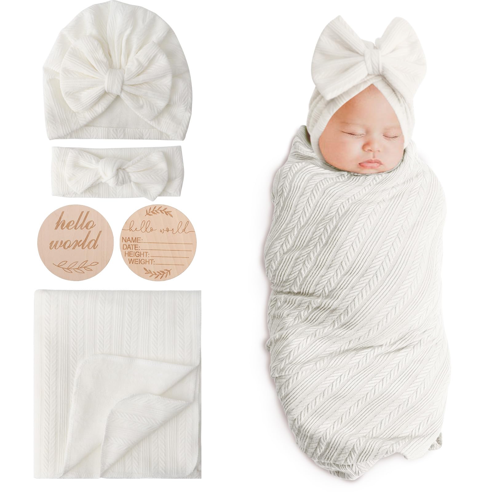 DRESHOW Newborn Baby Blanket Soft Swaddle Blankets for Infant Swaddling Receiving Warm Wraps with Bow Hat Headband