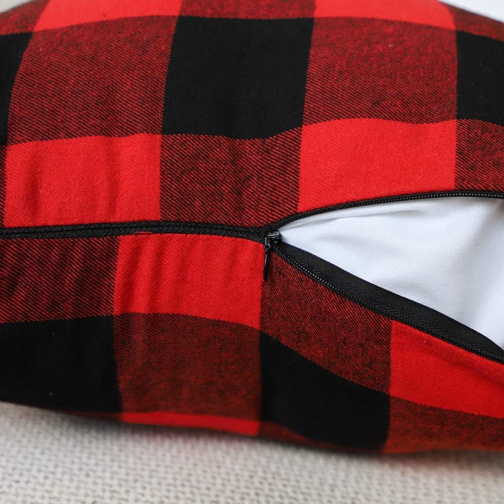 4TH Emotion Set of 2 Christmas Buffalo Check Plaid Throw Pillow Covers Cushion Case Cotton Polyester for Farmhouse Home Decor Red and Black, 18 x 18 Inches: Home & Kitchen