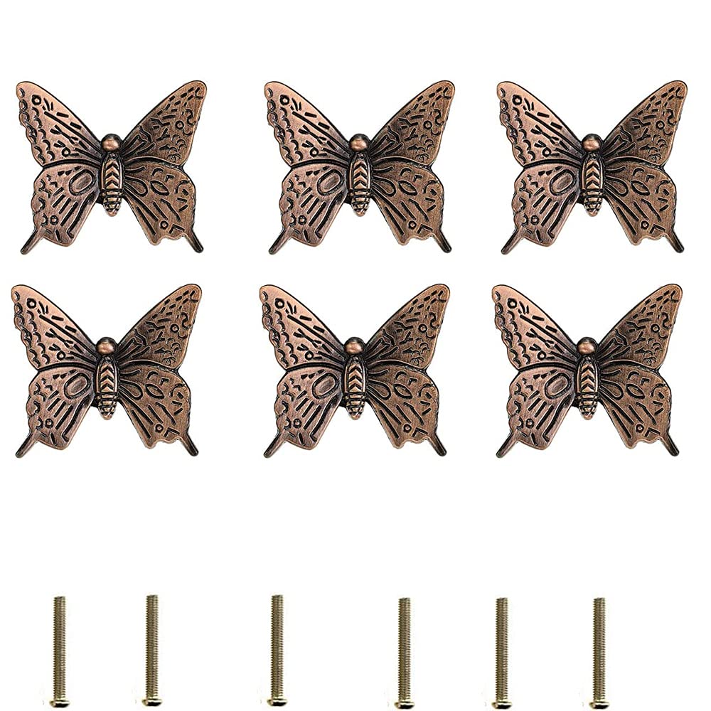 Door Drawer Handle, 6 Pieces Bronze Door Handle, Door Knob Vintage Cabinet Pull, Zinc Alloy Simulation Butterfly Single Hole Drawer Handle for Kitchen, Bedroom Furniture, Bedside Table, Dressing Table
