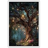 Lantern Tree in Enchanted Forest Canvas Poster Magical Fantasy Wall Art Glowing Nature Picture Prints Witchy Mystic Archives Painting Decor for Living Room Bedroom Office 16x24inch Unframed