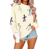 Halloween Sweatshirt Women Spooky Season Sweaters Sequin Skeleton Shirt | Halloween Cute Ghost Graphic Sweatshirts, 50% Cotton, soft, Sequin Dancing Skeleton Sweaters,Halloween Gifts Party Outfits
