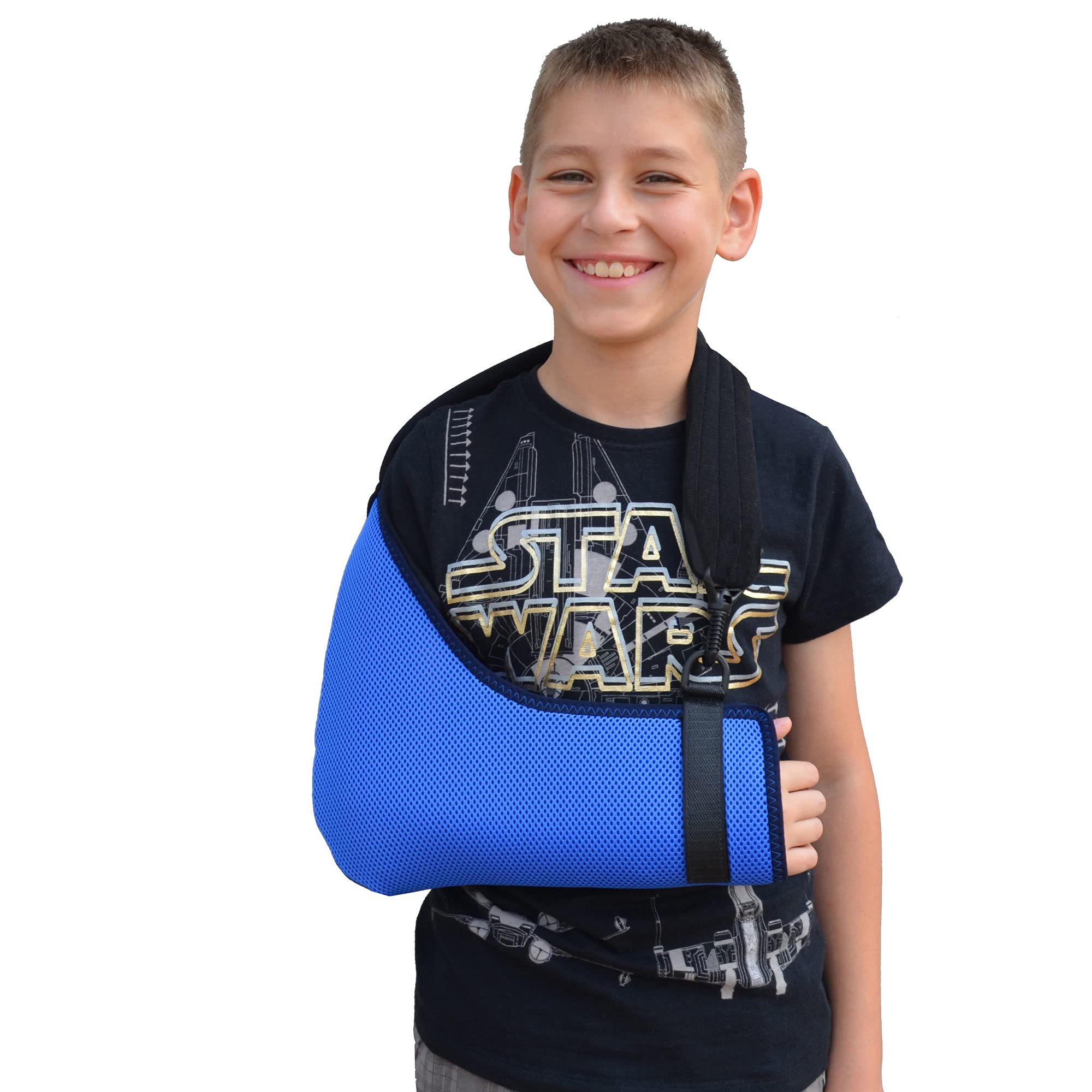 4DflexiSPORT Arm Sling Child (6-7yr blue/black trim) Extra Deep, Easy-on, Cooling Ultra-comfort, Includes Smiley Sticker.
