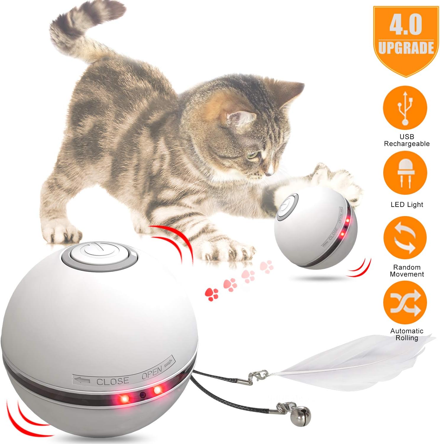 uniwood Interactive Cat Toy Ball, USB Rechargeable Motion Ball, 360 Degree Self Rotating Ball with Red LED Light, for Kitty’s Indoor Play and Exercise
