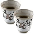 Mino Yaki(Ware) ceramic Handmade Japanese Tea Cups Yunomi Tea cup Mug, Japanese Poem Jizo Statue Design Gray, 6.4 fl. oz Set of 2, Sake,Matcha Green Tea,