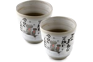 Authentic Mino Yaki(Ware) Handmade Japanese Tea Cups Yunomi Teacup Mug, Japanese Poem Jizo Statue Design Gray, 6.4 fl. oz Set