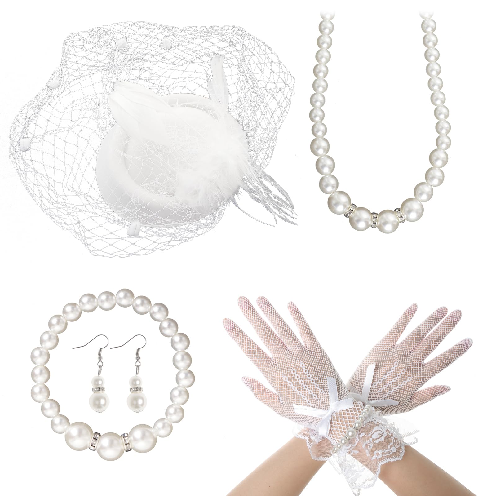 Photo 1 of Heliltd 5Pcs Lace Fascinators for Women Tea Party Fascinator Hat for Women White Veil Feathers Hats Gloves Pearl Jewerly Set