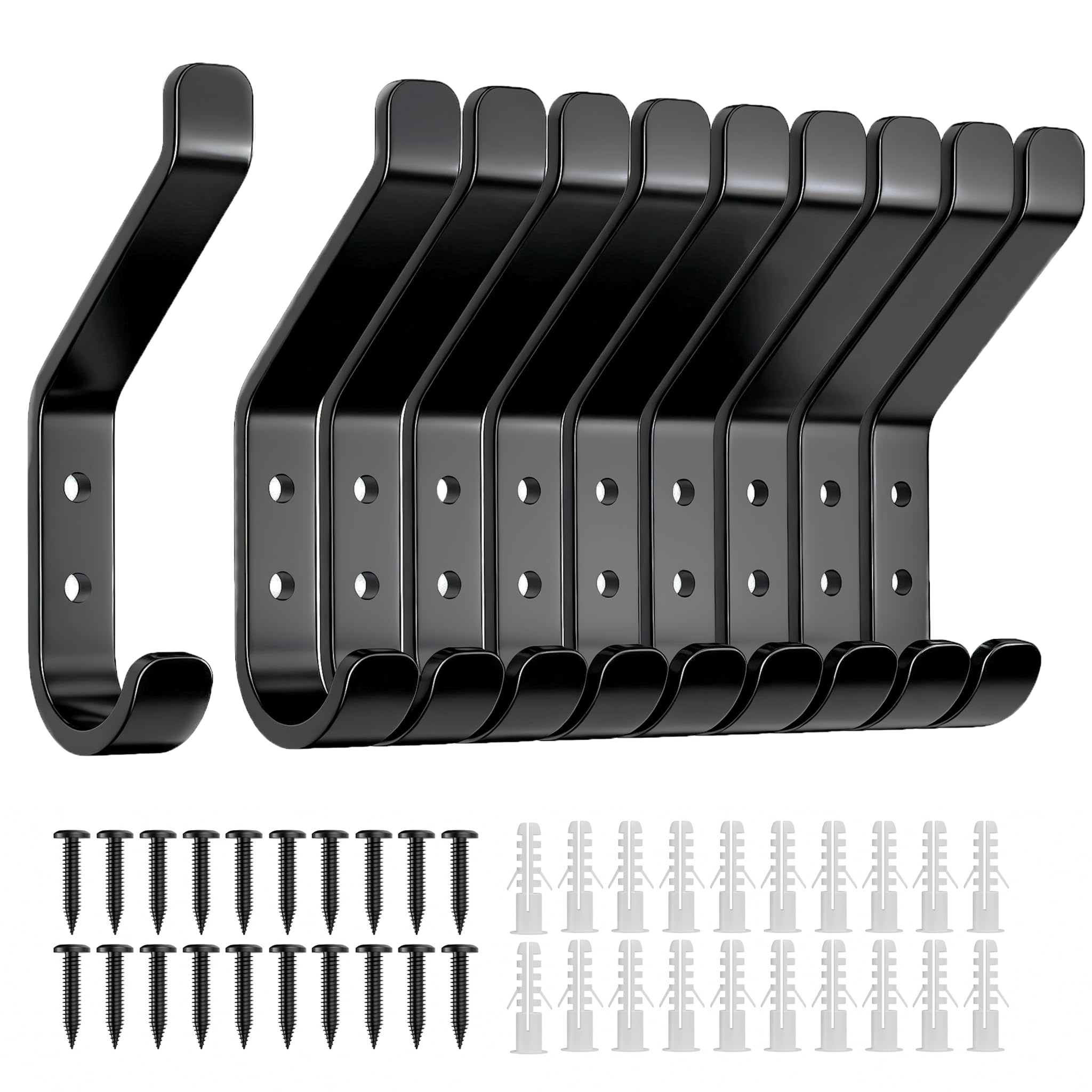 susswiff 10-Pack Black Wall Hooks 10KG Heavy Duty, Metal Wall Mounted Hanging Hooks with Screws, Strong Coat Towel Clothes Hangers for Bathroom, Door & Home Storage, 10cm