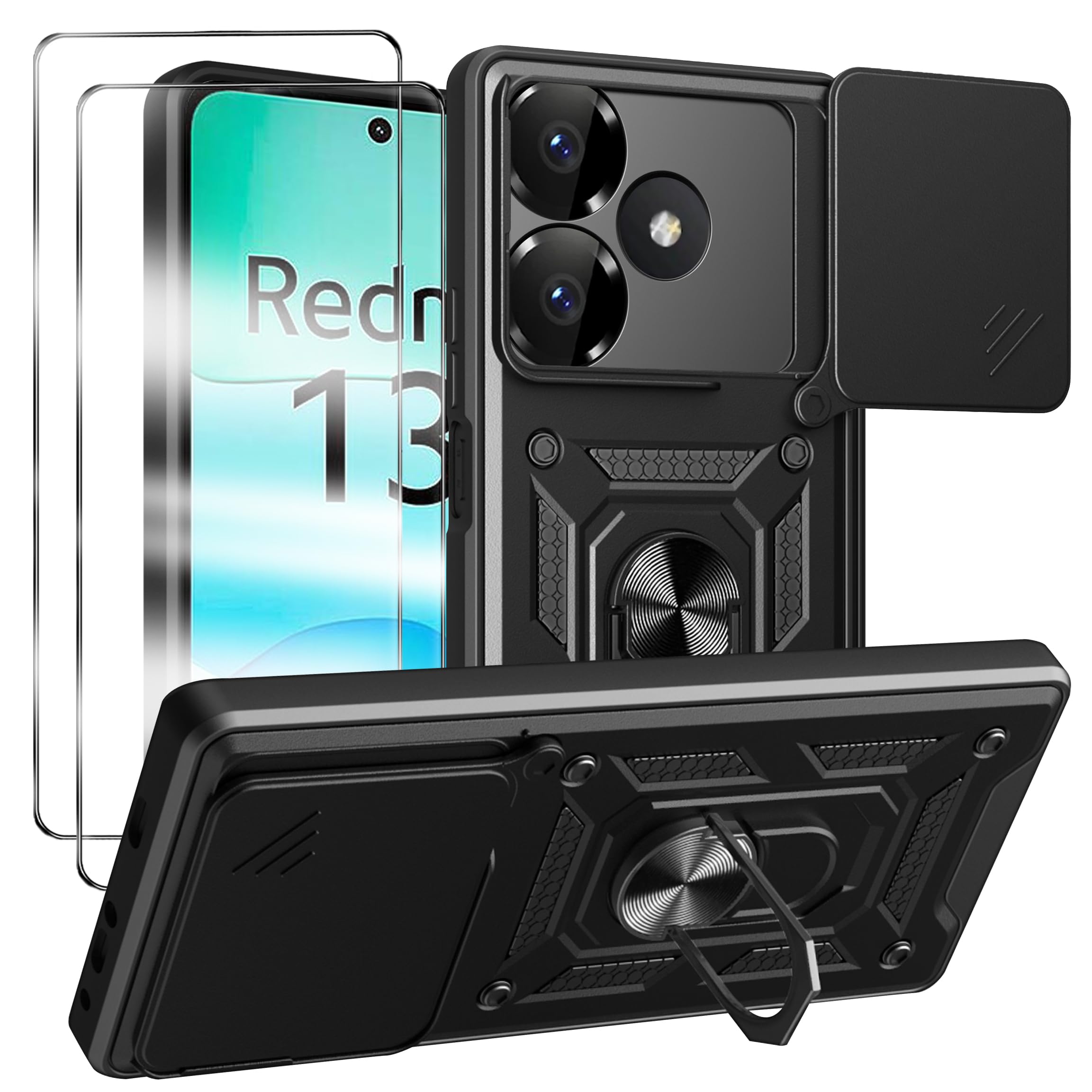 TTYSHTT for Xiaomi Redmi 13 Case with Tempered Glass Screen Protector and Camera Cover Protection Cover Shockproof Heavy Duty [Military-Grade] Rugged Phone Case with Kickstand (Black)