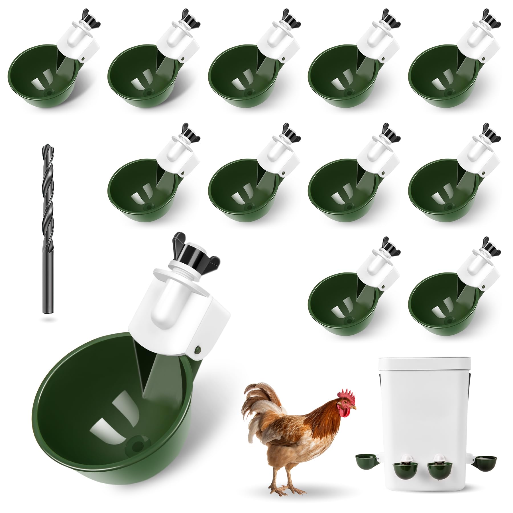 Photo 1 of Chicken Water Cups 12pcs - Automatic Filling Waterer Feeder, Gravity DIY Poultry Watering System, Chicken Water Dispenser Bowl, Chicken Coop Accessories for Hens, Duck, Goose, Turkey (Green)