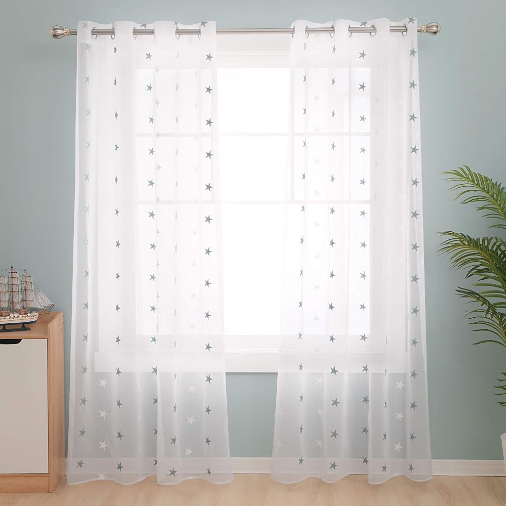Deconovo Teal Blue Linen Look Eyelet Curtains Kids Star Design 245x140 cm