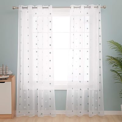 Deconovo Teal Blue Linen Look Eyelet Curtains Kids Star Design 245x140 cm